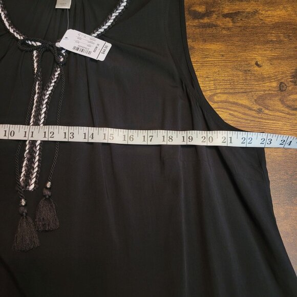 CJ Banks Top 2X Gauzy Braided Detail Tassel Tie Notched Neck Pleated Black NWT - Picture 5 of 7